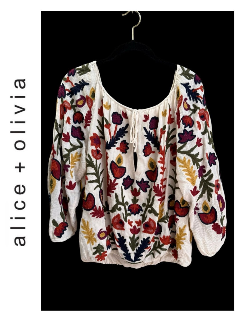 Alice + Olivia Boho Peasant Blouse Multicolor Floral Embroidery Size Large